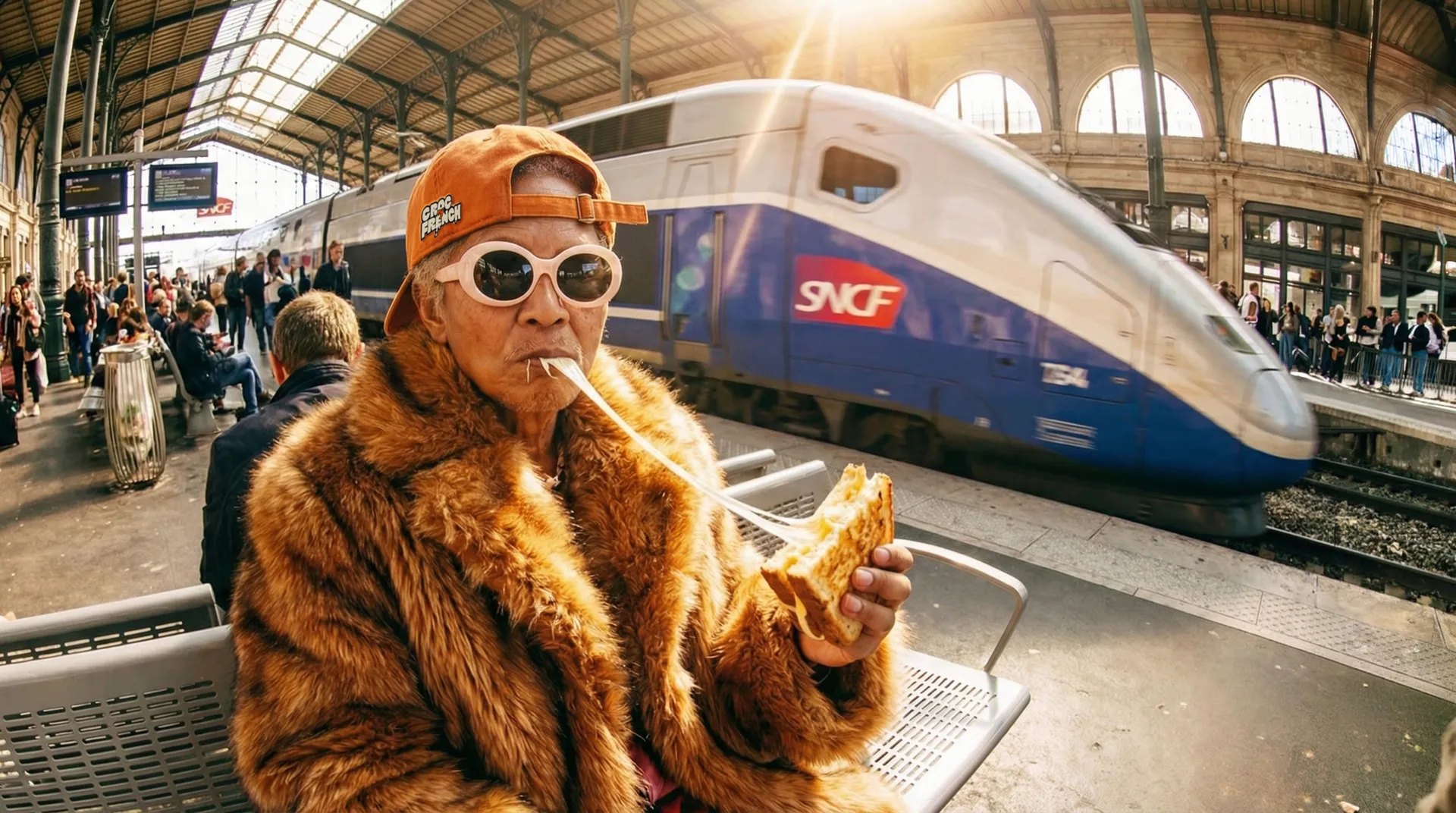Campagne Croc My French : une grand-mère en fourrure croque un croque-monsieur sur un quai de gare SNCF